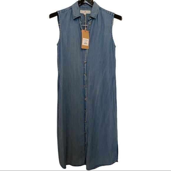 Thread + Supply | Medium Wash Chambray Long Side Slit Sleeveless Button Shirt S - Picture 1 of 6